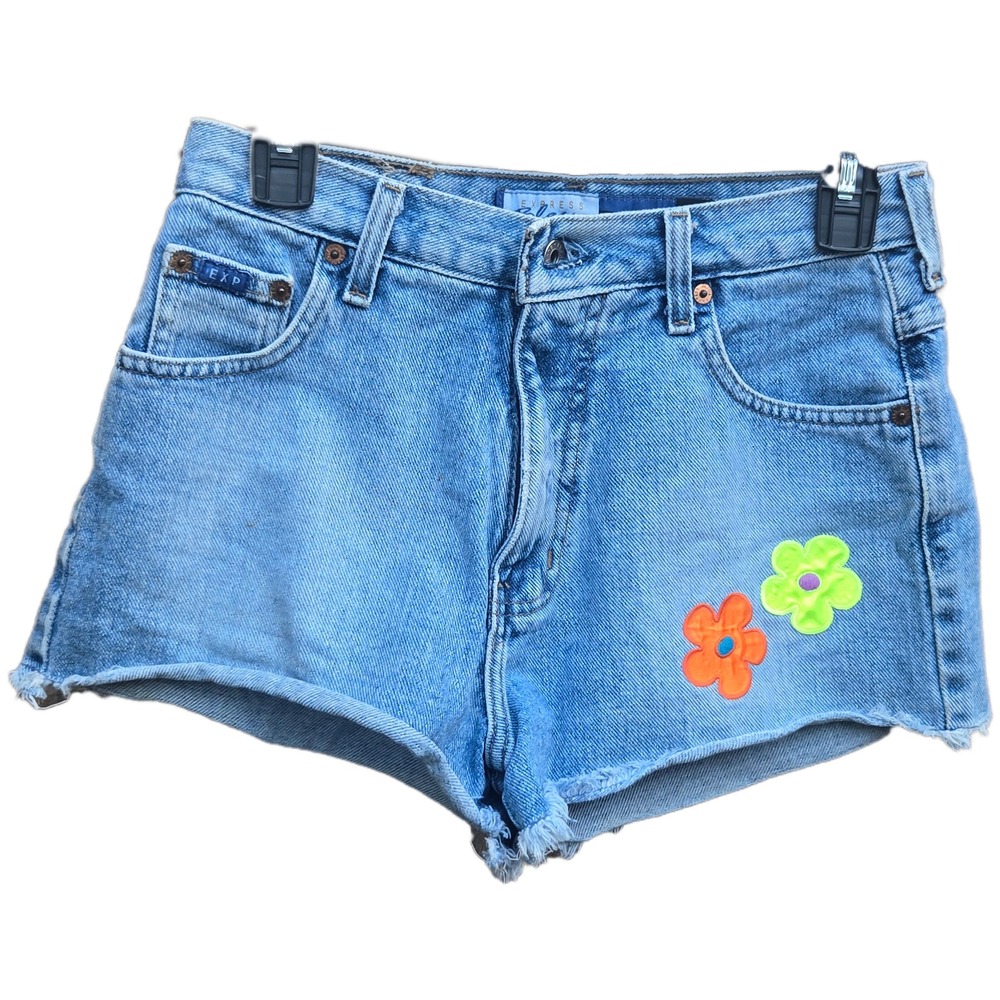 Express Bleus Vintage 90s High Waisted blue Denim Shorts Flower Patches size 5/6
